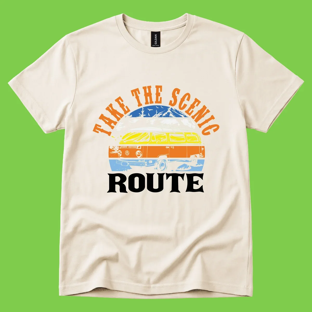 Stacked illustration showing mountain peak, kayak, VW camper bus, and vintage car with 'Hike The Seven Route' text for adventure travel apparel.