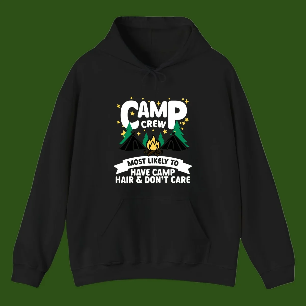 Camping design with 'Camp Crew' text, campfire, teepees, trees, and stars. Bottom banner reads 'Most Likely To Have Camp Hair & Don't Care.'