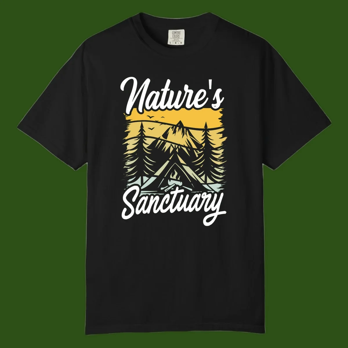 Nature sanctuary camping design with layered mountains, evergreen trees, campfire and tent under golden sky with white script text