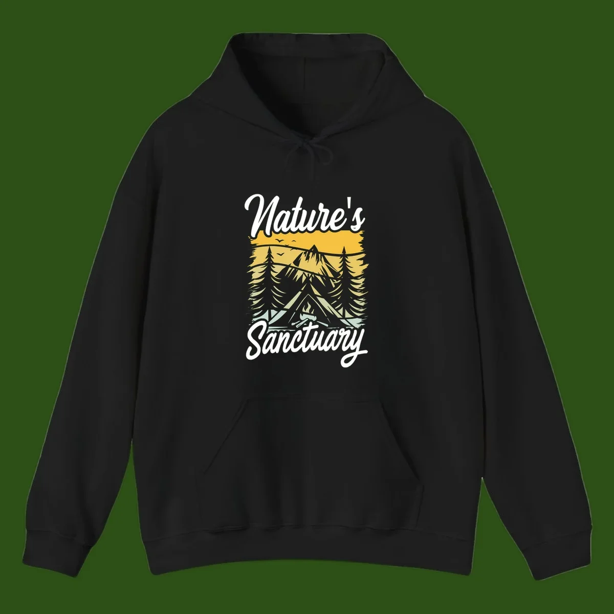 Nature sanctuary camping design with layered mountains, evergreen trees, campfire and tent under golden sky with white script text