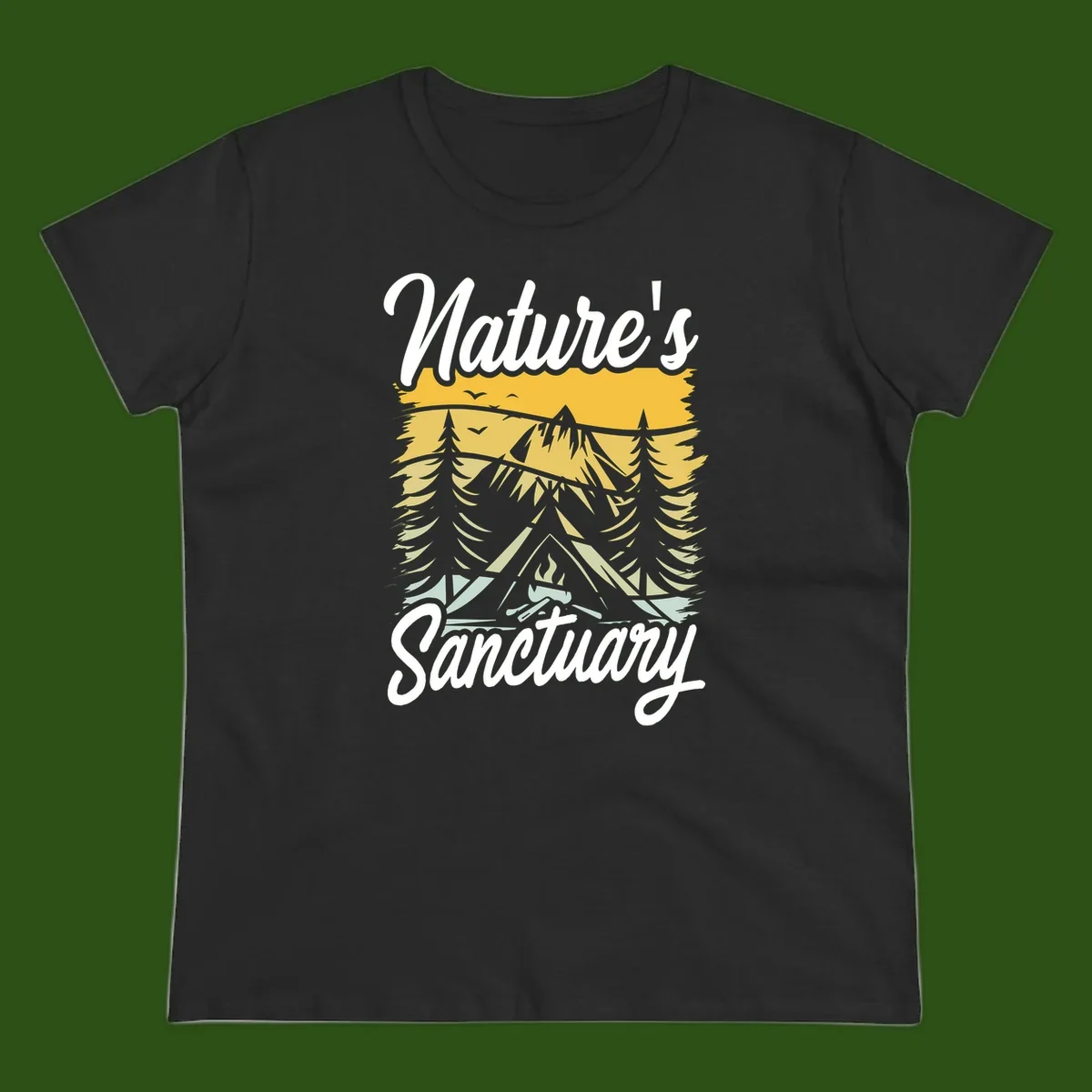 Nature sanctuary camping design with layered mountains, evergreen trees, campfire and tent under golden sky with white script text