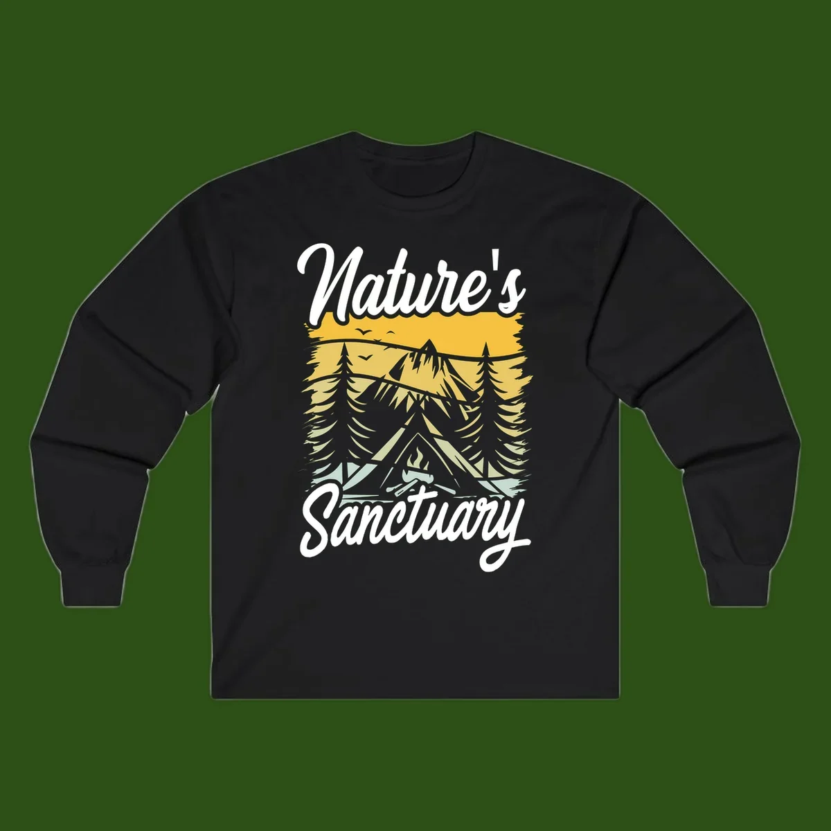 Nature sanctuary camping design with layered mountains, evergreen trees, campfire and tent under golden sky with white script text