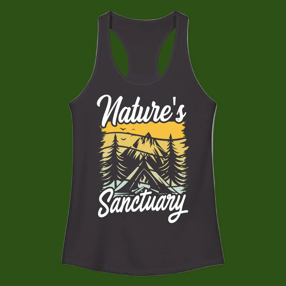 Nature sanctuary camping design with layered mountains, evergreen trees, campfire and tent under golden sky with white script text