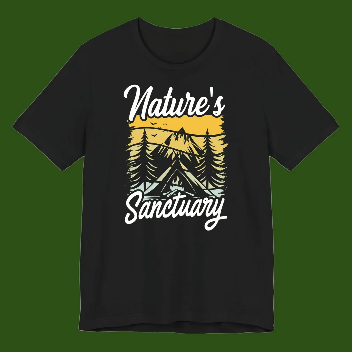 Nature sanctuary camping design with layered mountains, evergreen trees, campfire and tent under golden sky with white script text