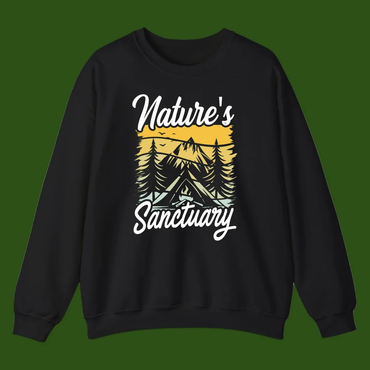 Nature sanctuary camping design with layered mountains, evergreen trees, campfire and tent under golden sky with white script text