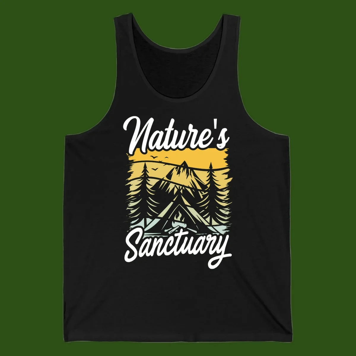 Nature sanctuary camping design with layered mountains, evergreen trees, campfire and tent under golden sky with white script text