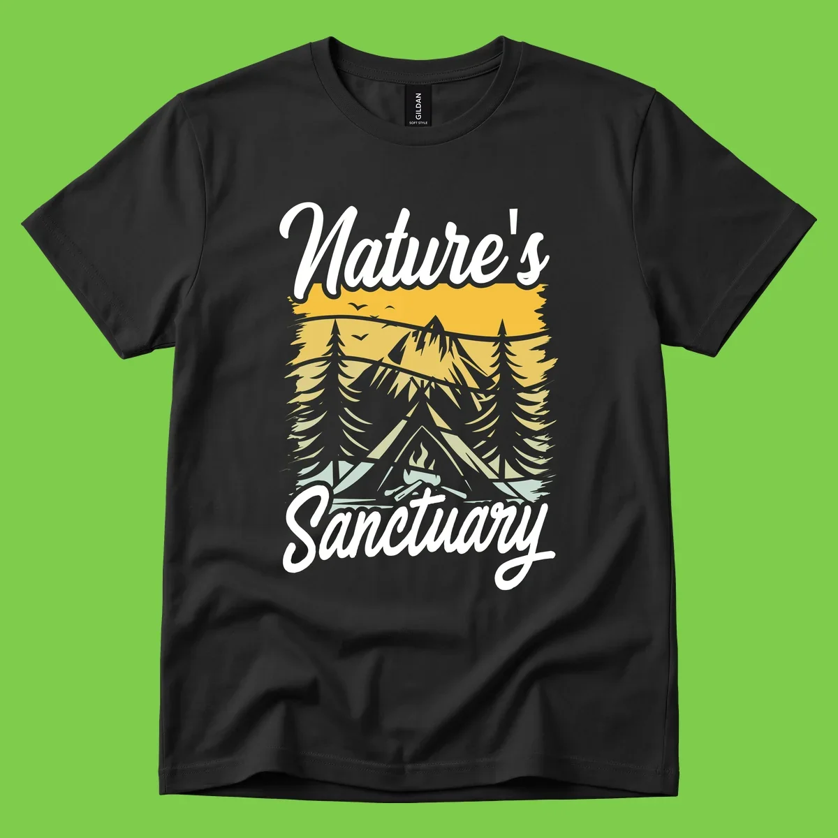 Nature sanctuary camping design with layered mountains, evergreen trees, campfire and tent under golden sky with white script text