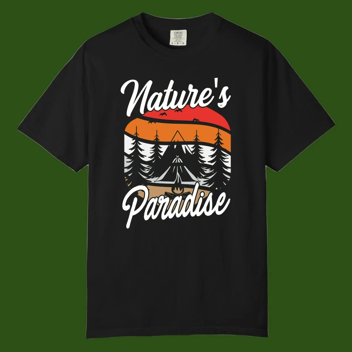 Layered landscape design with red mountains, orange forest, snow-covered evergreens, camping tent, and campfire with 'Nature's Paradise' text