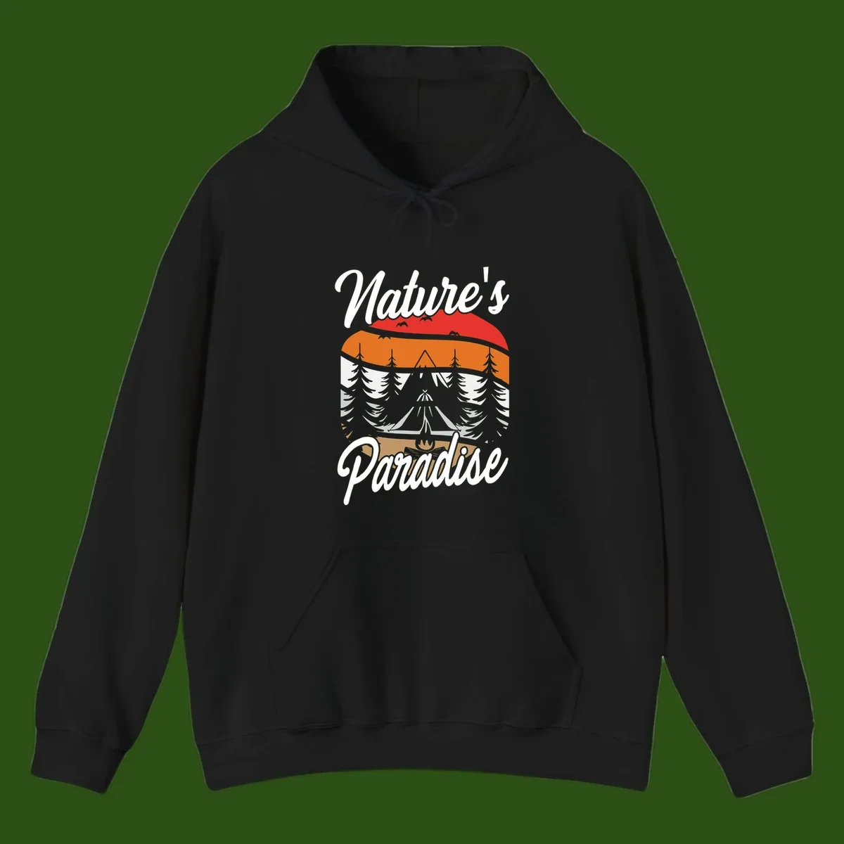 Layered landscape design with red mountains, orange forest, snow-covered evergreens, camping tent, and campfire with 'Nature's Paradise' text