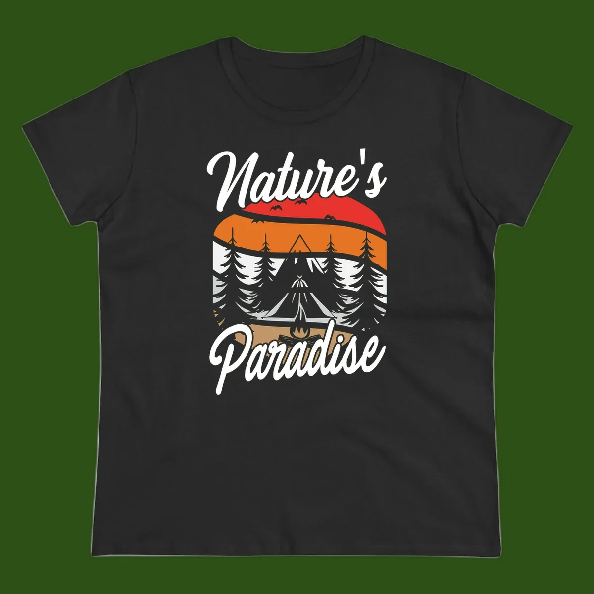 Layered landscape design with red mountains, orange forest, snow-covered evergreens, camping tent, and campfire with 'Nature's Paradise' text
