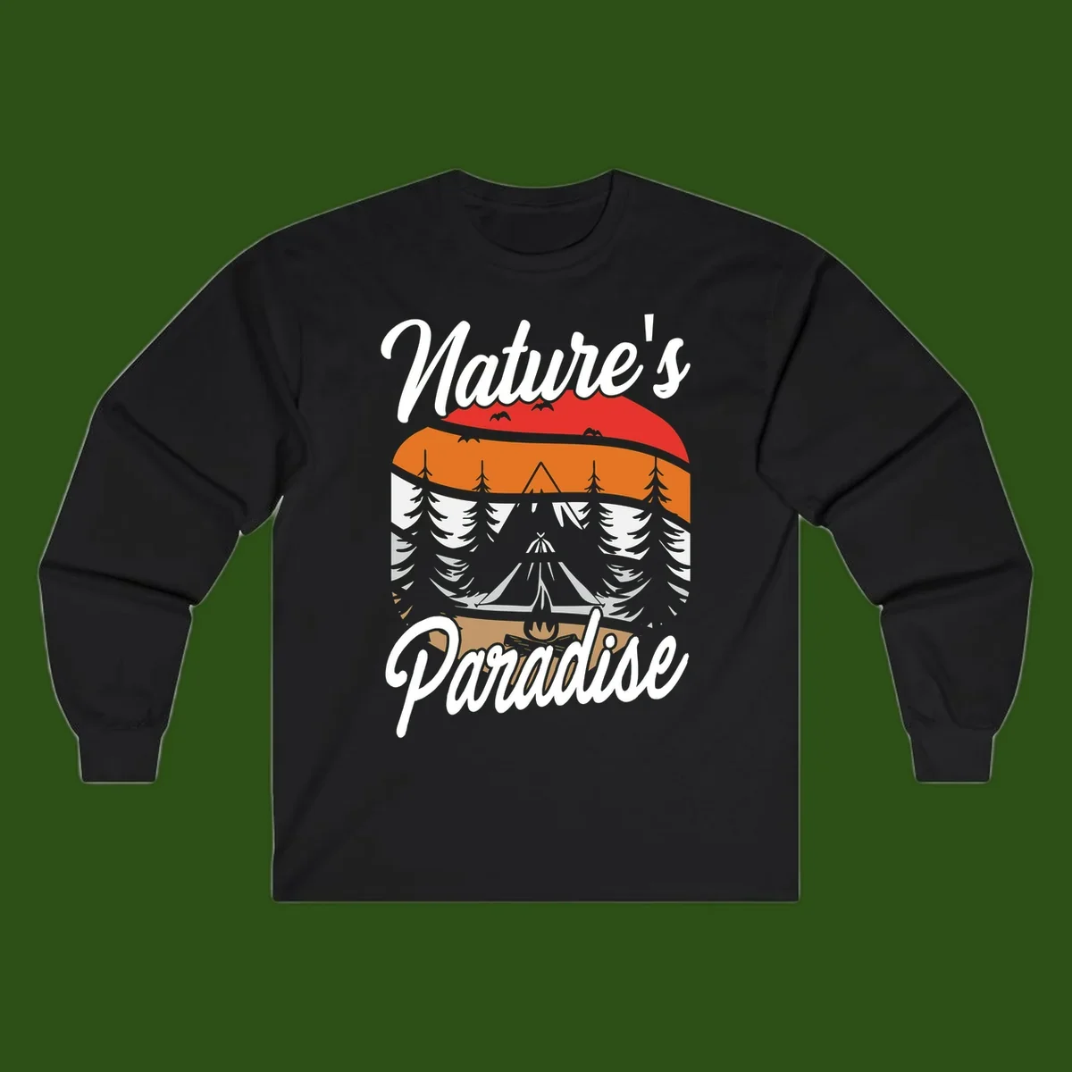Layered landscape design with red mountains, orange forest, snow-covered evergreens, camping tent, and campfire with 'Nature's Paradise' text