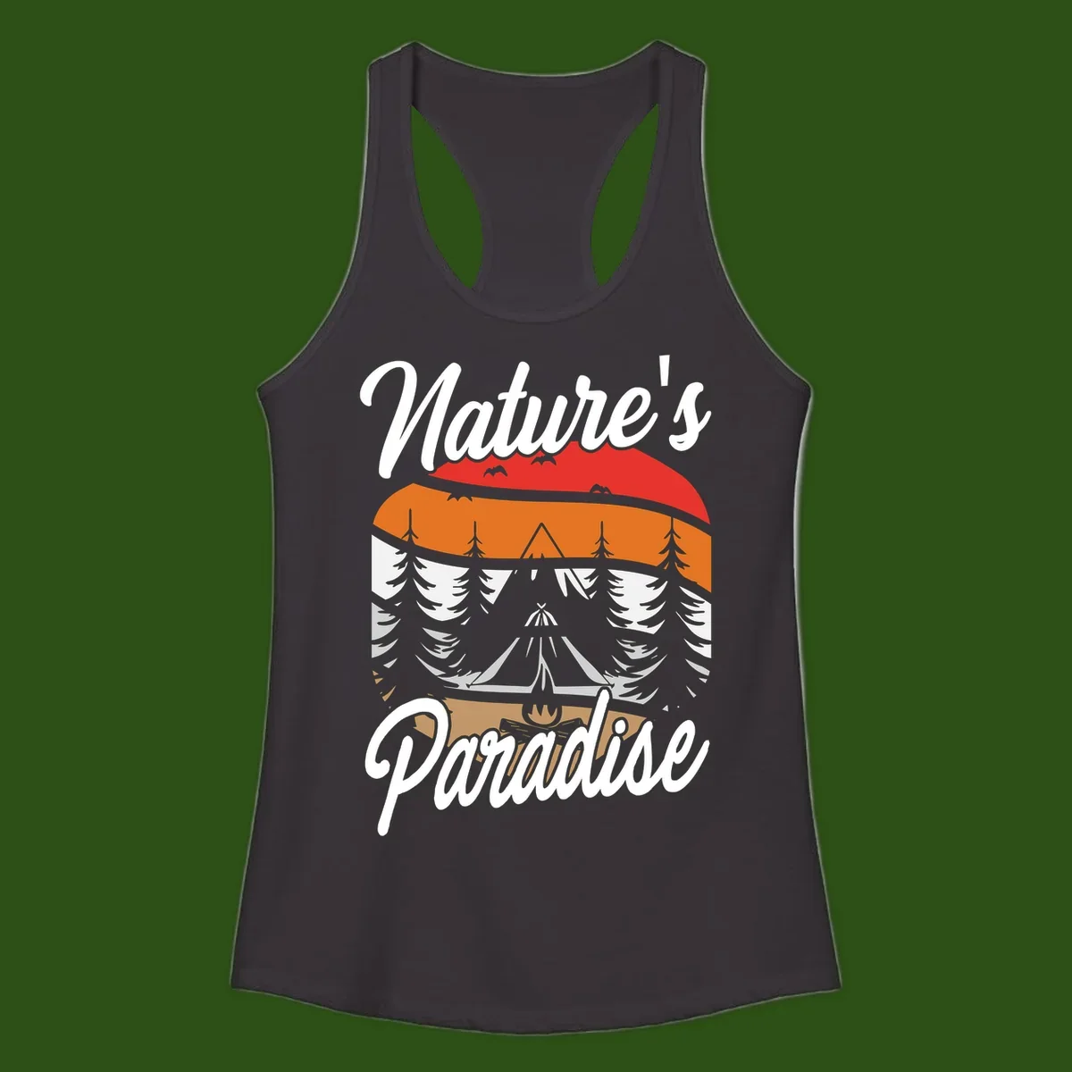 Layered landscape design with red mountains, orange forest, snow-covered evergreens, camping tent, and campfire with 'Nature's Paradise' text