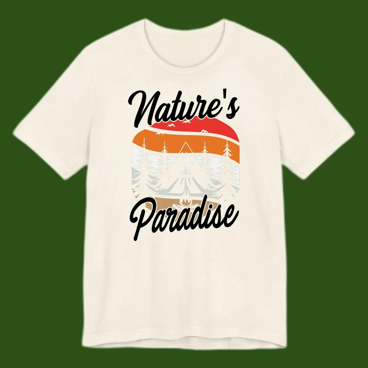 Layered landscape design with red mountains, orange forest, snow-covered evergreens, camping tent, and campfire with 'Nature's Paradise' text
