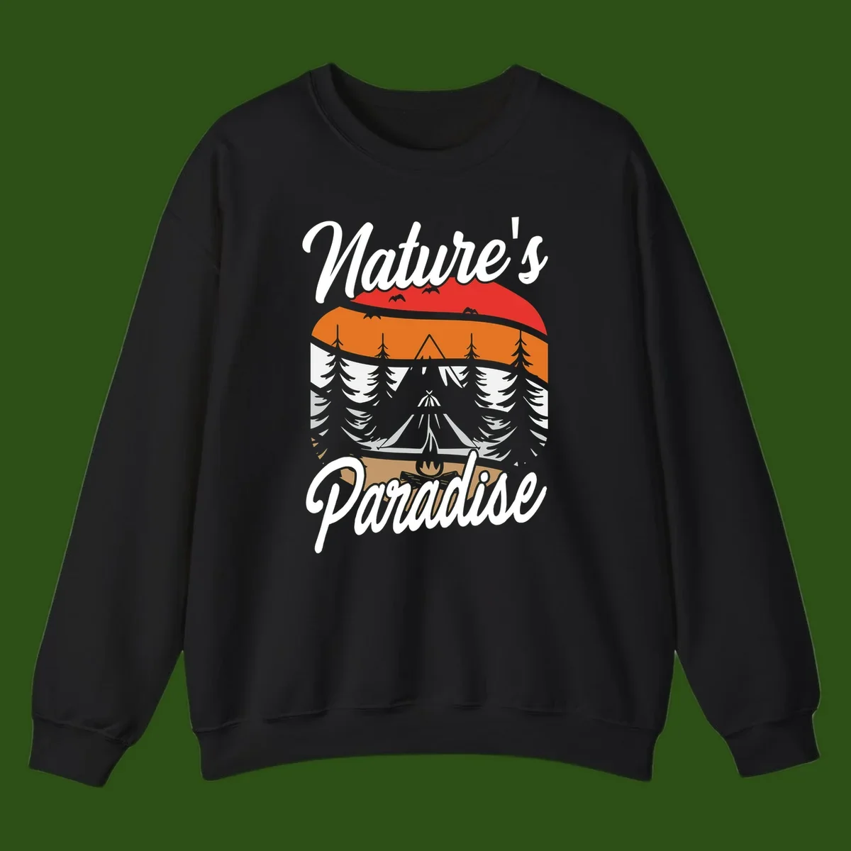 Layered landscape design with red mountains, orange forest, snow-covered evergreens, camping tent, and campfire with 'Nature's Paradise' text