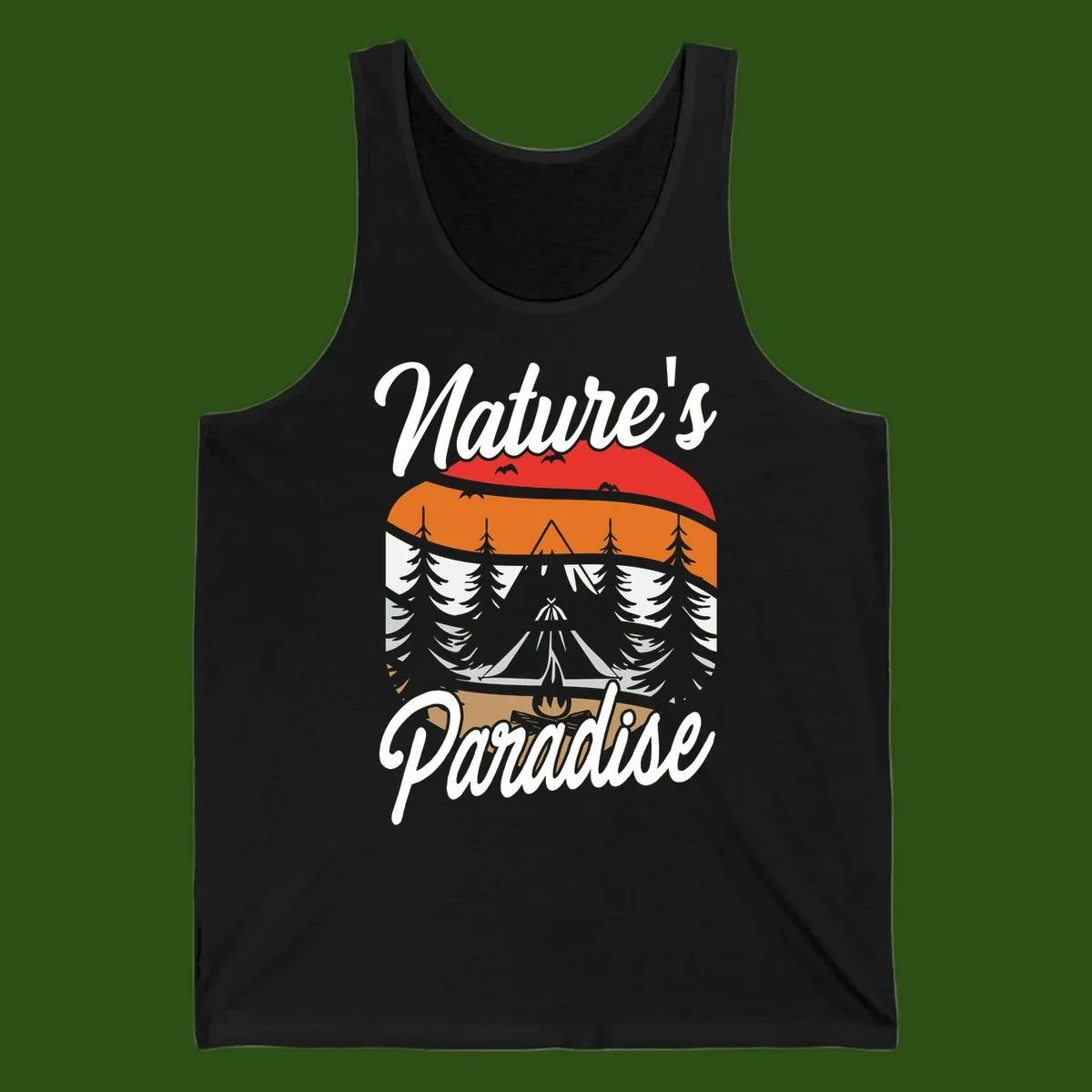 Layered landscape design with red mountains, orange forest, snow-covered evergreens, camping tent, and campfire with 'Nature's Paradise' text