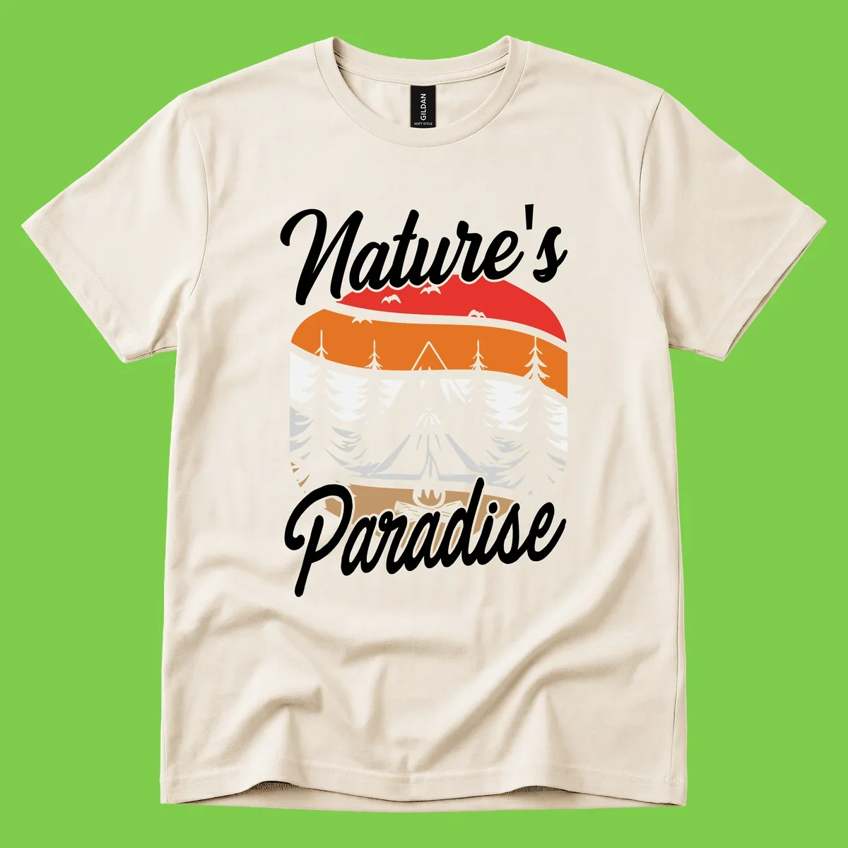 Layered landscape design with red mountains, orange forest, snow-covered evergreens, camping tent, and campfire with 'Nature's Paradise' text
