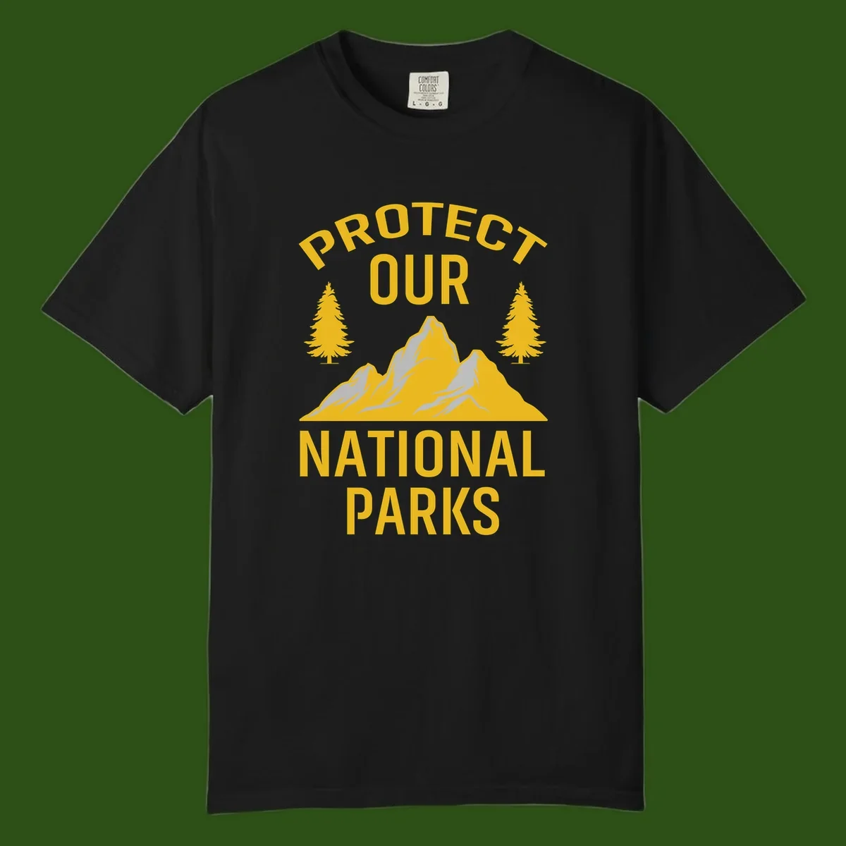 Protect our national parks design with golden mountains, evergreen trees, and bold text on gray background