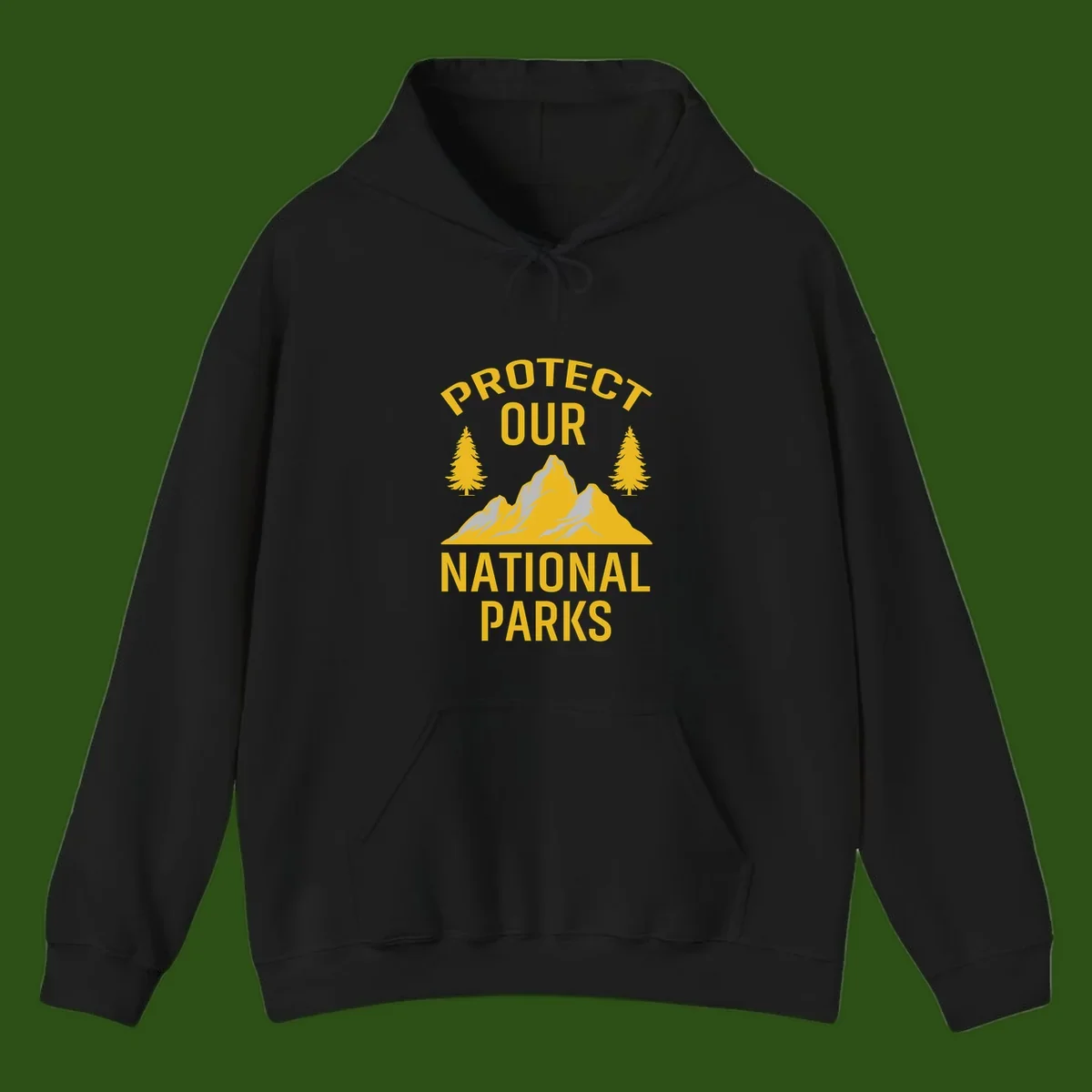 Protect our national parks design with golden mountains, evergreen trees, and bold text on gray background