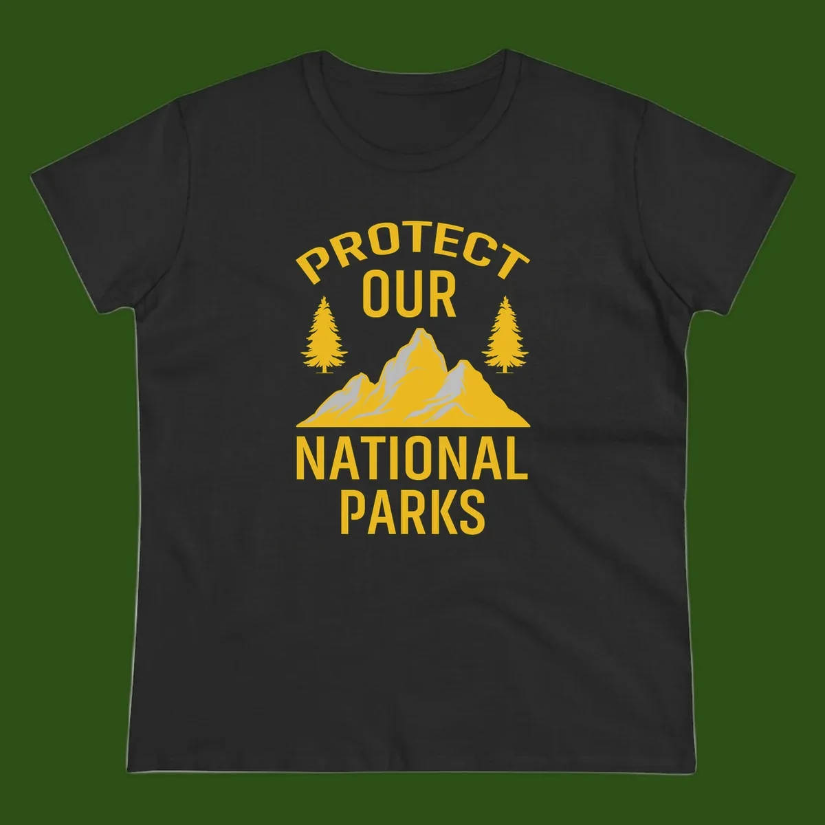 Protect our national parks design with golden mountains, evergreen trees, and bold text on gray background