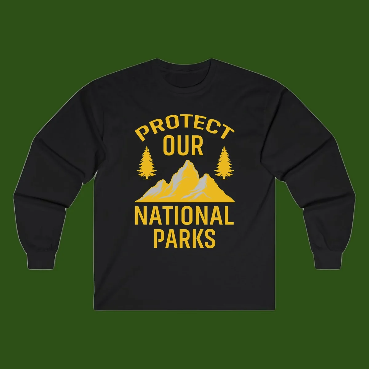 Protect our national parks design with golden mountains, evergreen trees, and bold text on gray background