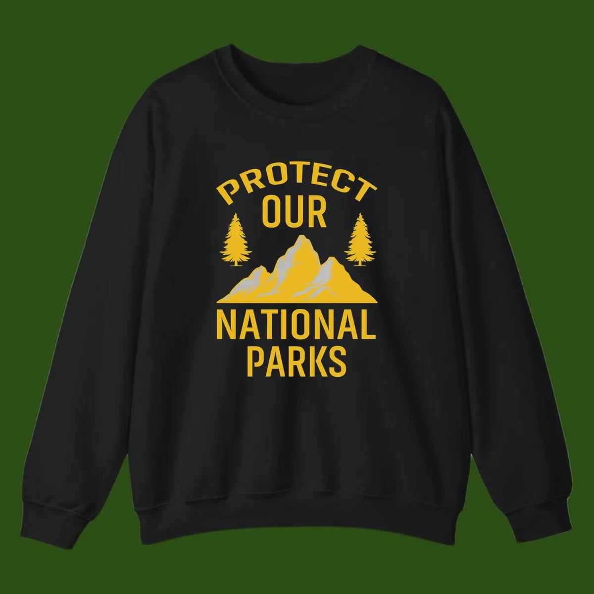 Protect our national parks design with golden mountains, evergreen trees, and bold text on gray background