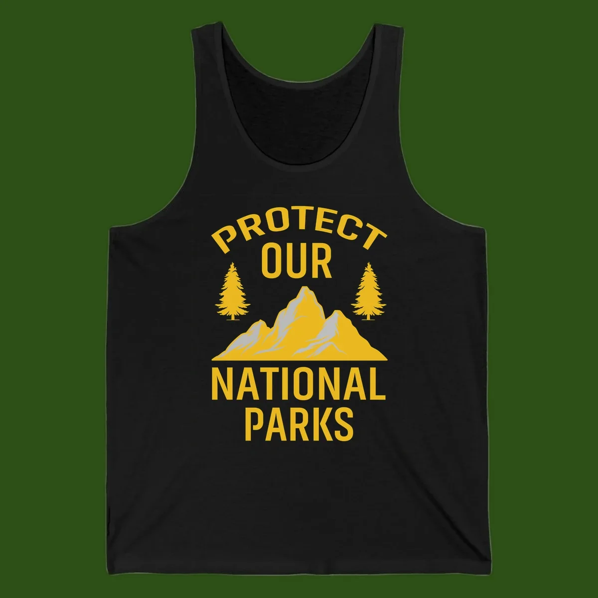 Protect our national parks design with golden mountains, evergreen trees, and bold text on gray background