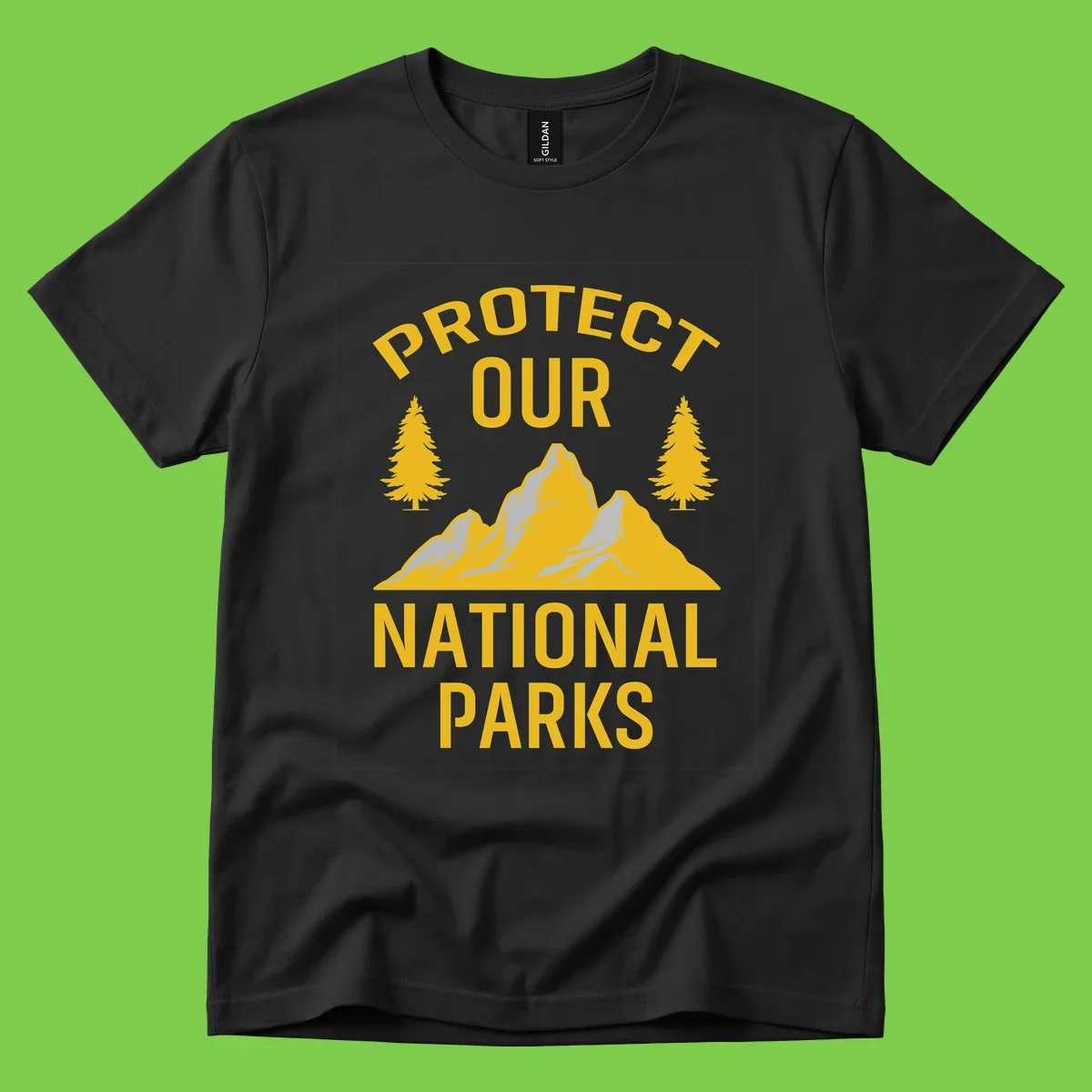 Protect our national parks design with golden mountains, evergreen trees, and bold text on gray background