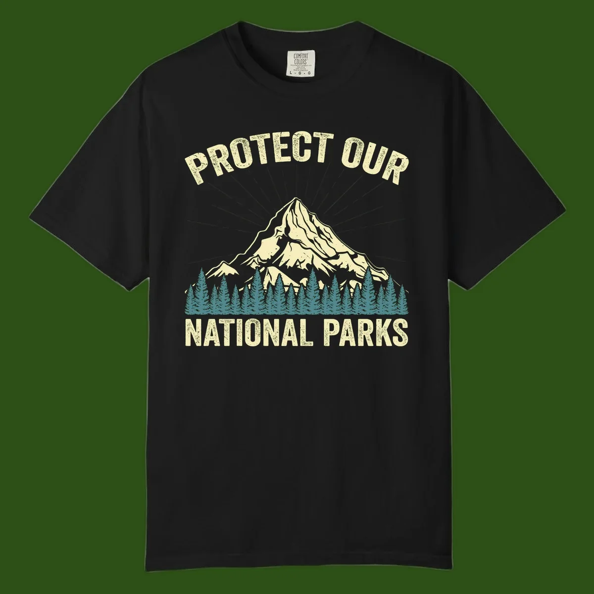 Vintage-style mountain illustration with 'Protect Our National Parks' text, featuring snow peak, forest silhouette, and sun rays