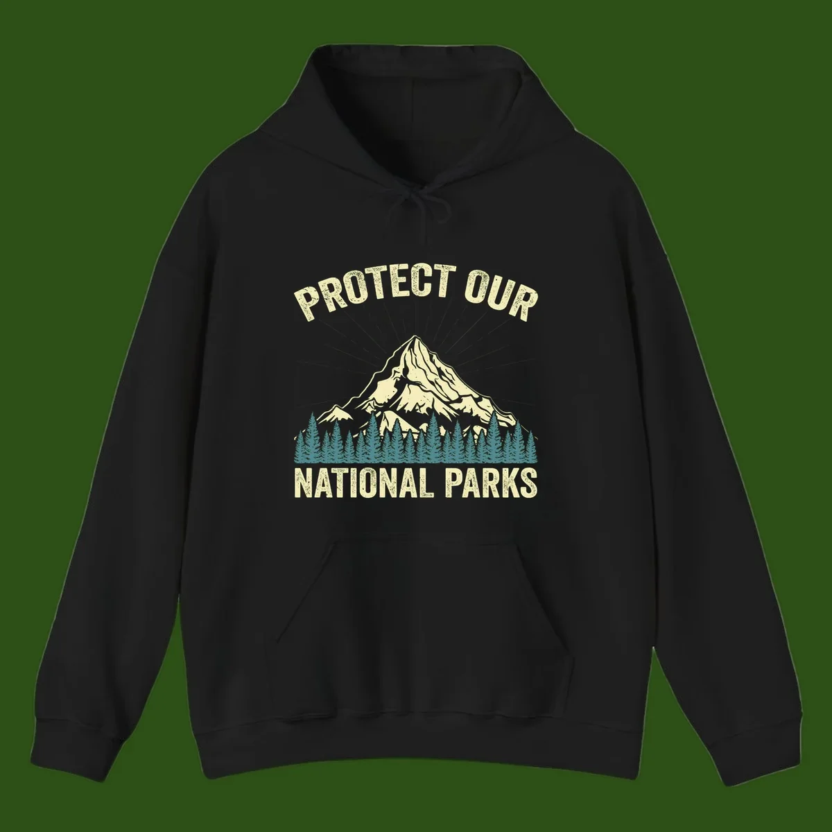 Vintage-style mountain illustration with 'Protect Our National Parks' text, featuring snow peak, forest silhouette, and sun rays