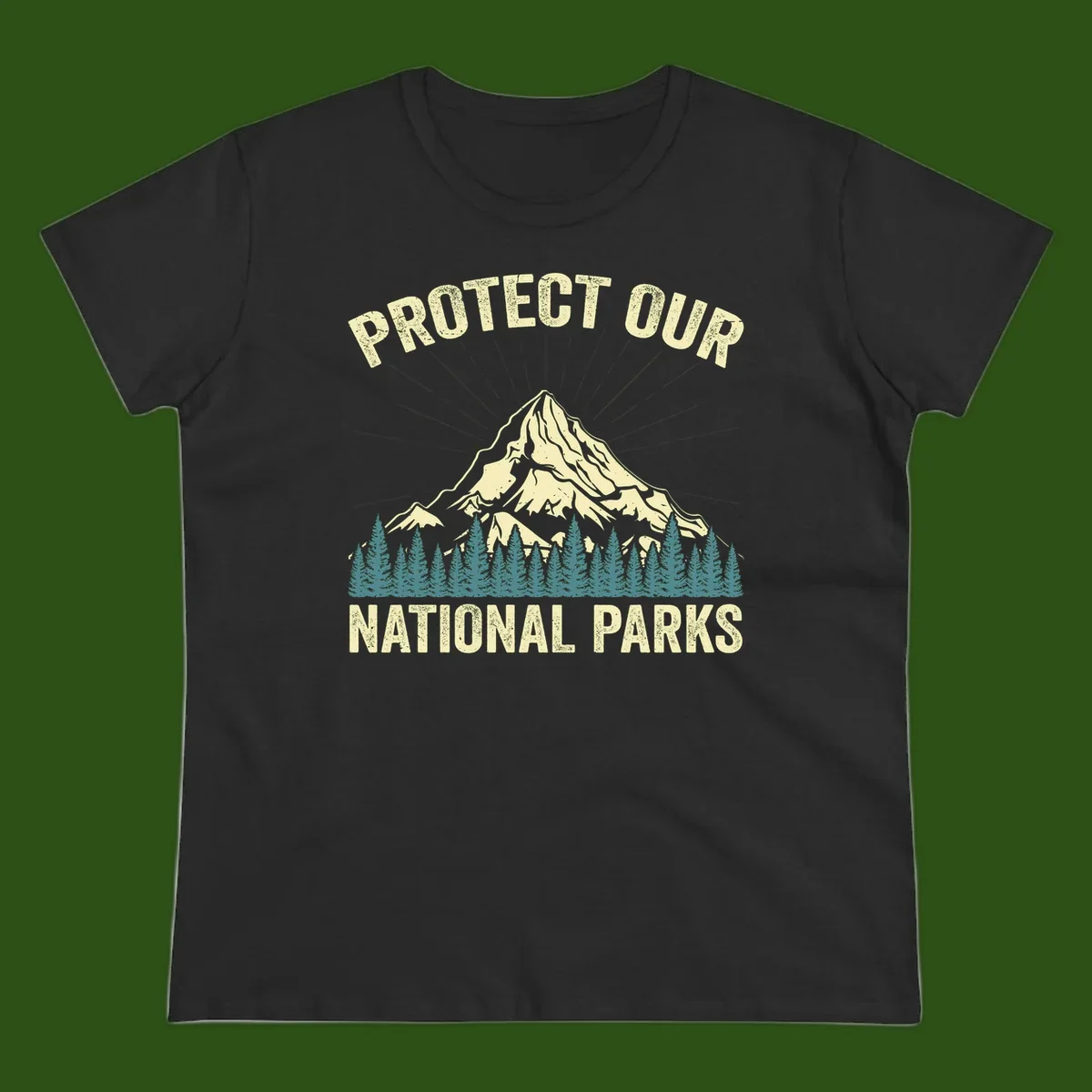 Vintage-style mountain illustration with 'Protect Our National Parks' text, featuring snow peak, forest silhouette, and sun rays