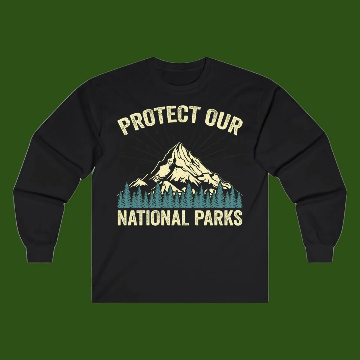Vintage-style mountain illustration with 'Protect Our National Parks' text, featuring snow peak, forest silhouette, and sun rays