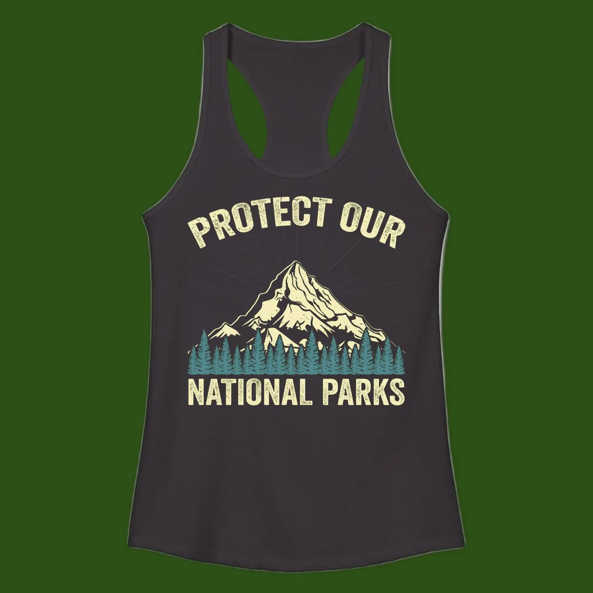 Vintage-style mountain illustration with 'Protect Our National Parks' text, featuring snow peak, forest silhouette, and sun rays