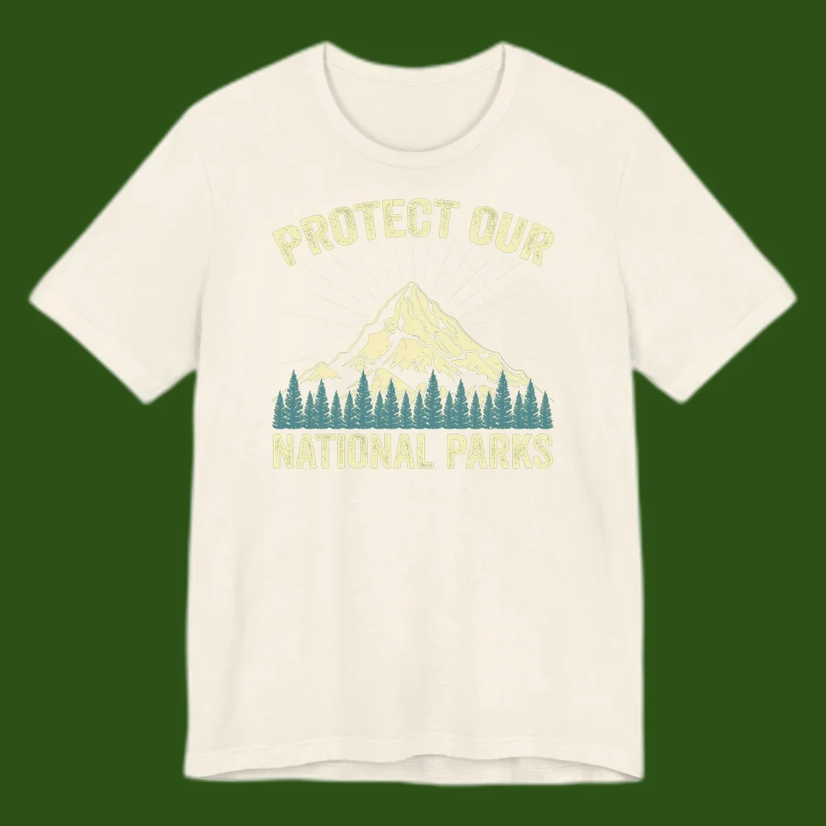 Vintage-style mountain illustration with 'Protect Our National Parks' text, featuring snow peak, forest silhouette, and sun rays