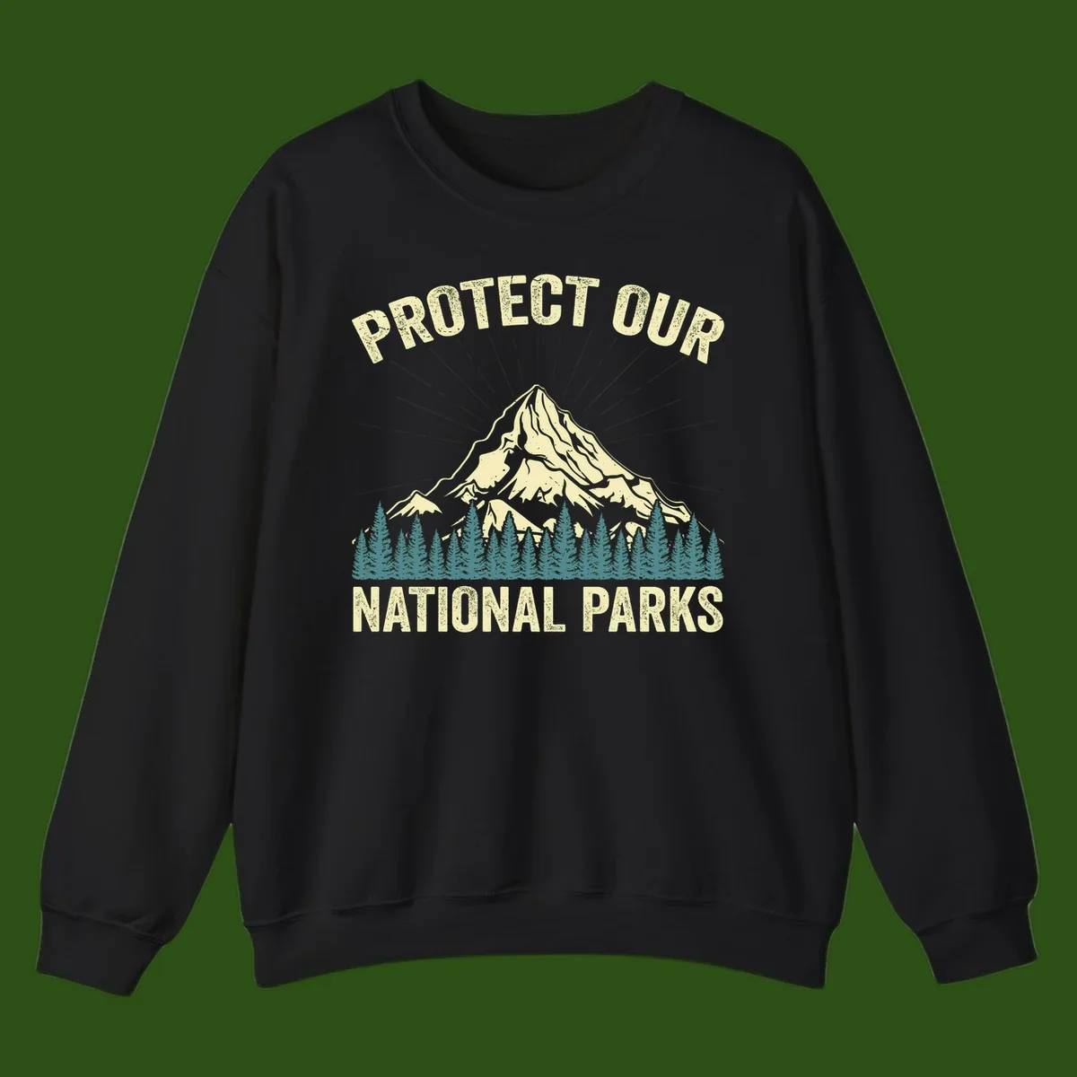 Vintage-style mountain illustration with 'Protect Our National Parks' text, featuring snow peak, forest silhouette, and sun rays