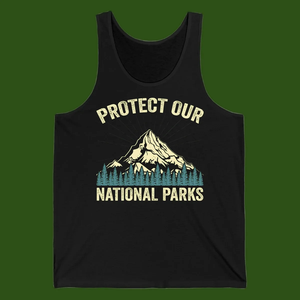 Vintage-style mountain illustration with 'Protect Our National Parks' text, featuring snow peak, forest silhouette, and sun rays
