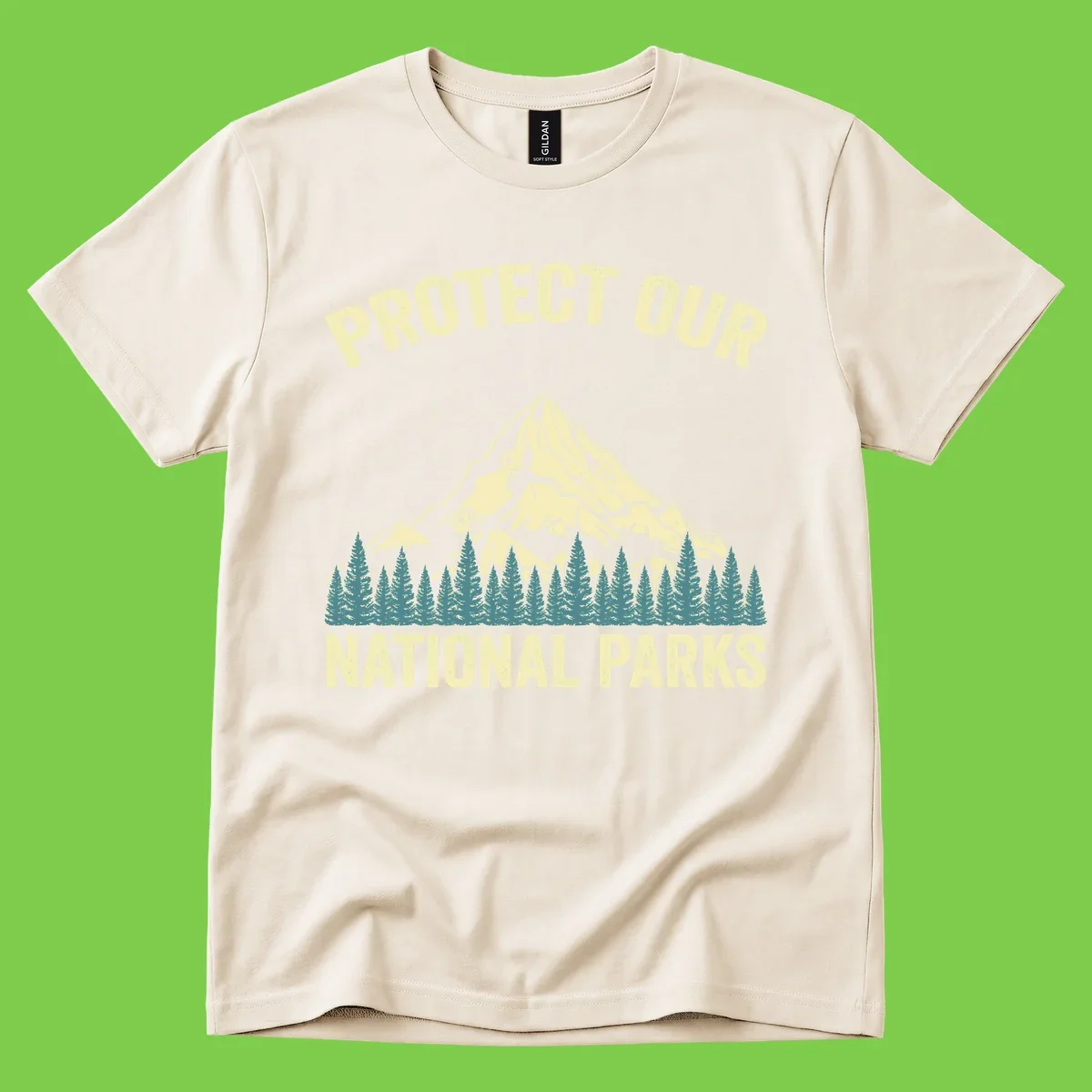 Vintage-style mountain illustration with 'Protect Our National Parks' text, featuring snow peak, forest silhouette, and sun rays