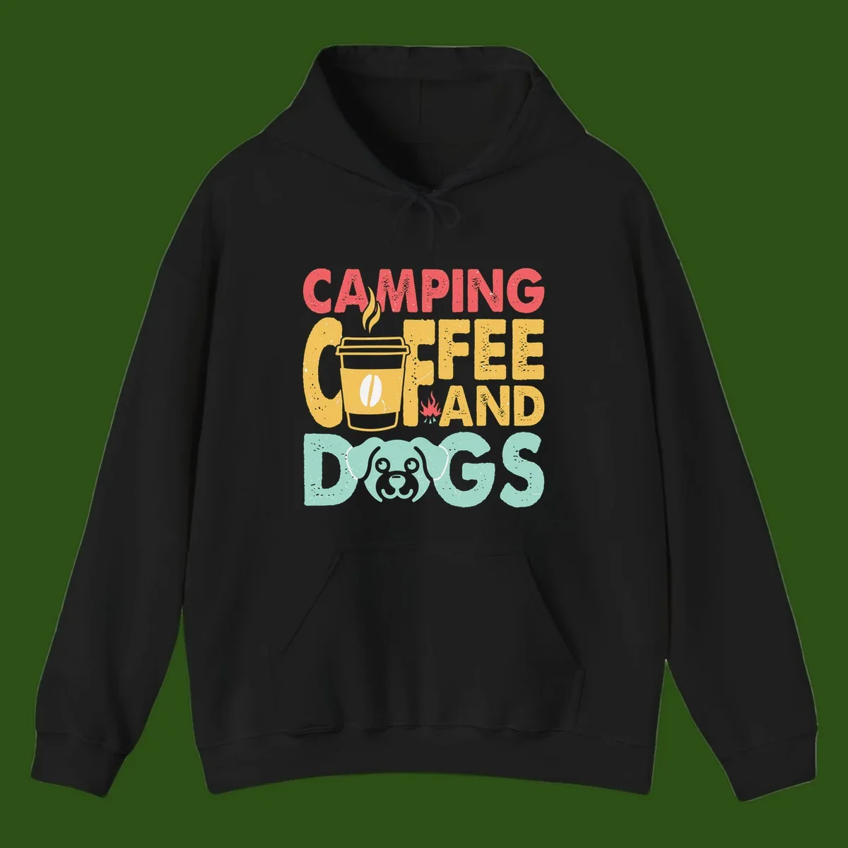 Distressed design with 'CAMPING COFFEE AND DOGS' text, yellow coffee cup with steam, red campfire, and mint green dog face illustration.