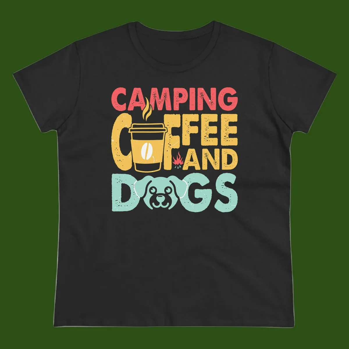 Distressed design with 'CAMPING COFFEE AND DOGS' text, yellow coffee cup with steam, red campfire, and mint green dog face illustration.