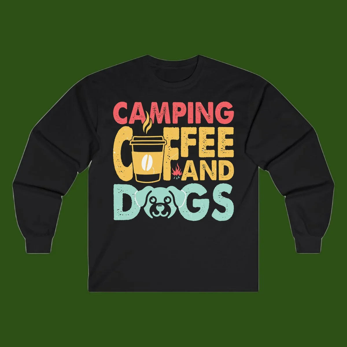 Distressed design with 'CAMPING COFFEE AND DOGS' text, yellow coffee cup with steam, red campfire, and mint green dog face illustration.