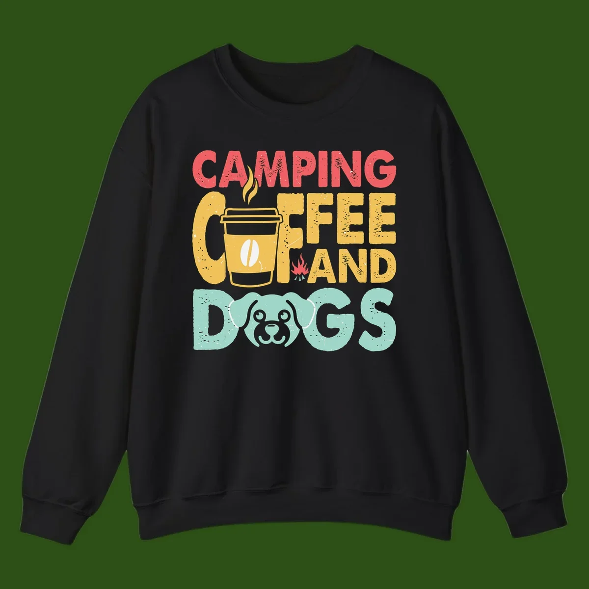Distressed design with 'CAMPING COFFEE AND DOGS' text, yellow coffee cup with steam, red campfire, and mint green dog face illustration.