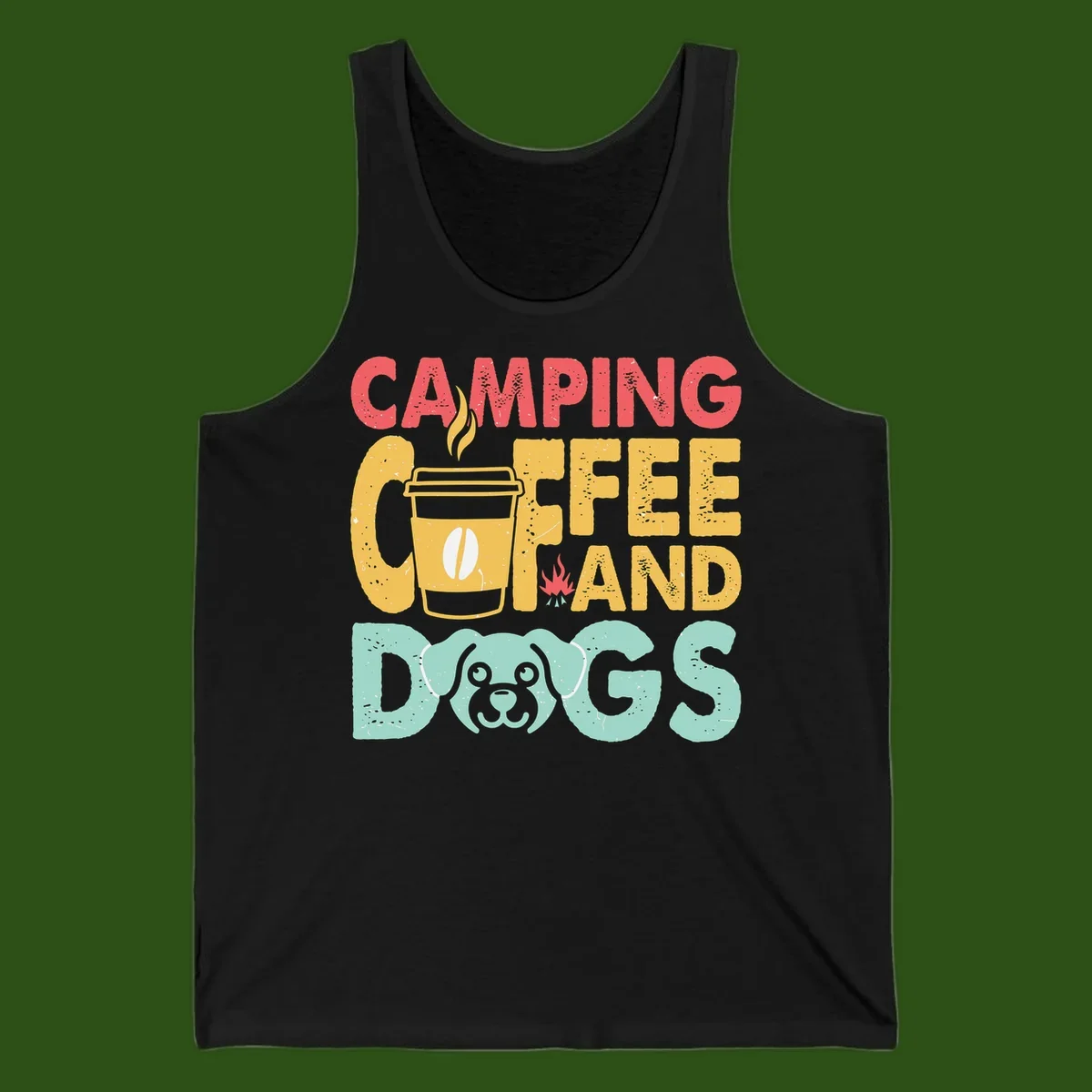 Distressed design with 'CAMPING COFFEE AND DOGS' text, yellow coffee cup with steam, red campfire, and mint green dog face illustration.