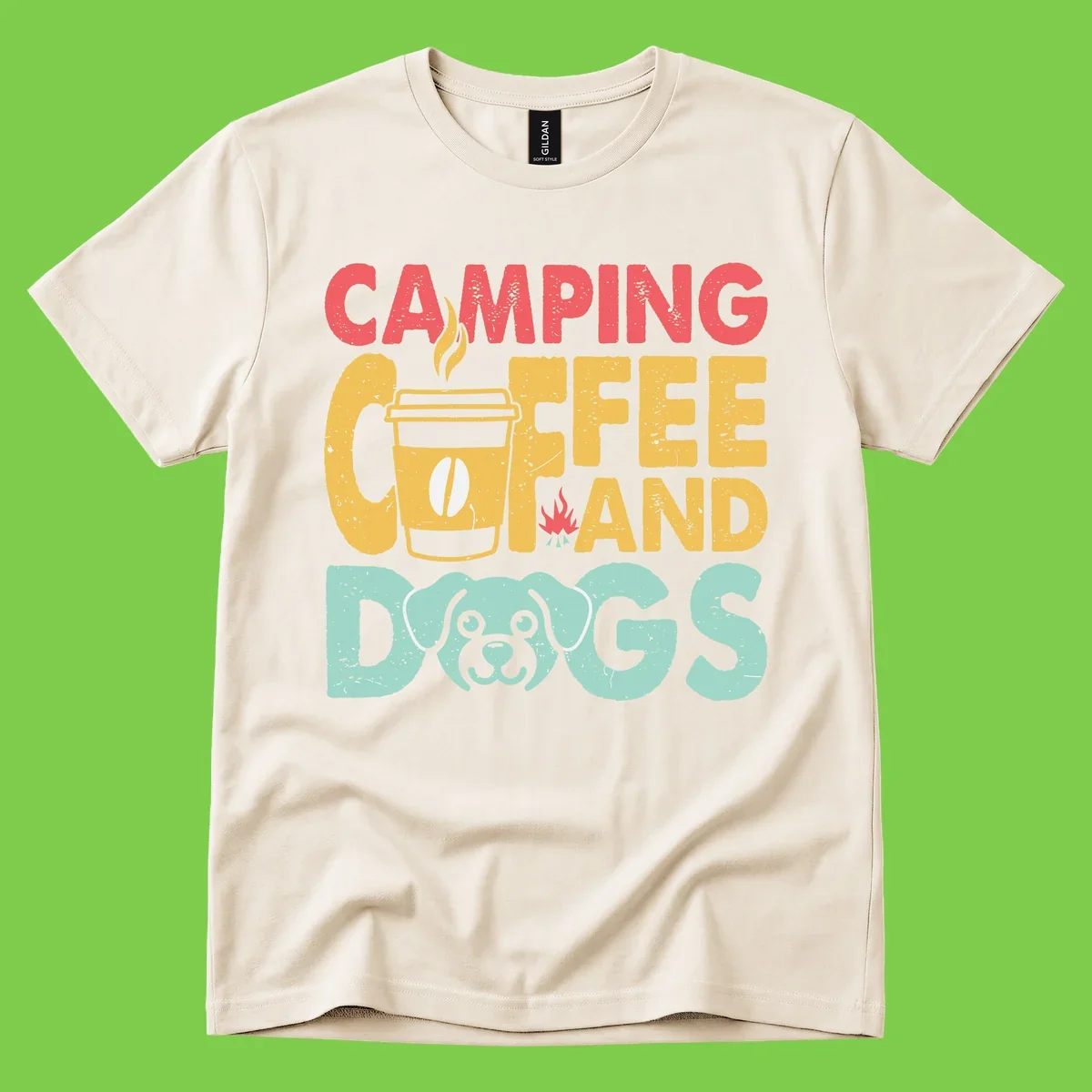 Distressed design with 'CAMPING COFFEE AND DOGS' text, yellow coffee cup with steam, red campfire, and mint green dog face illustration.