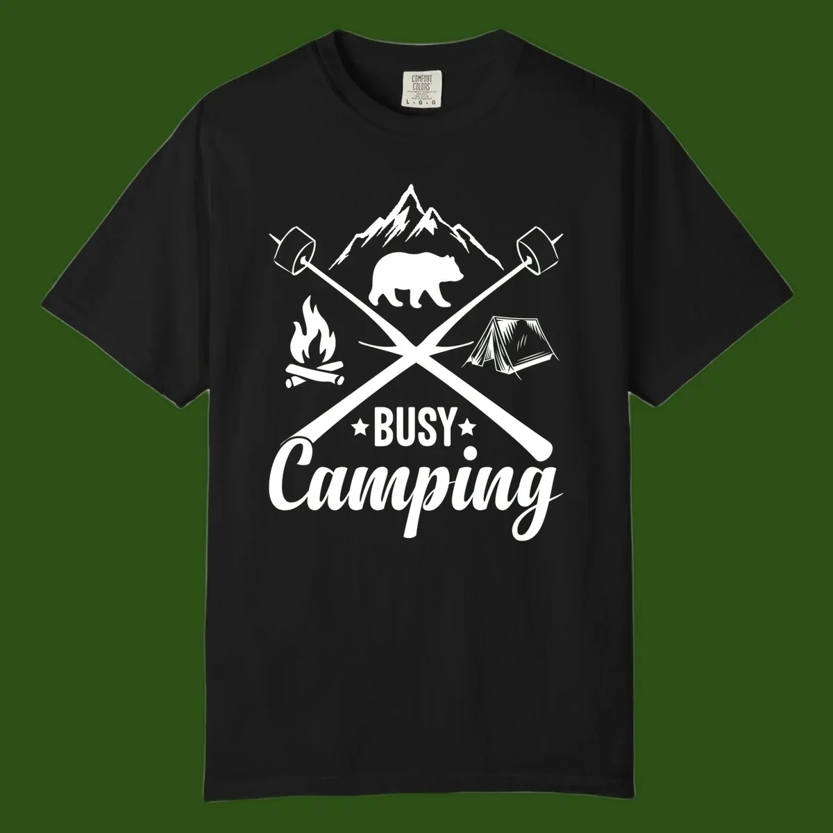 Busy camping badge design with bear, mountains, crossed axes, campfire, and tent on gray background