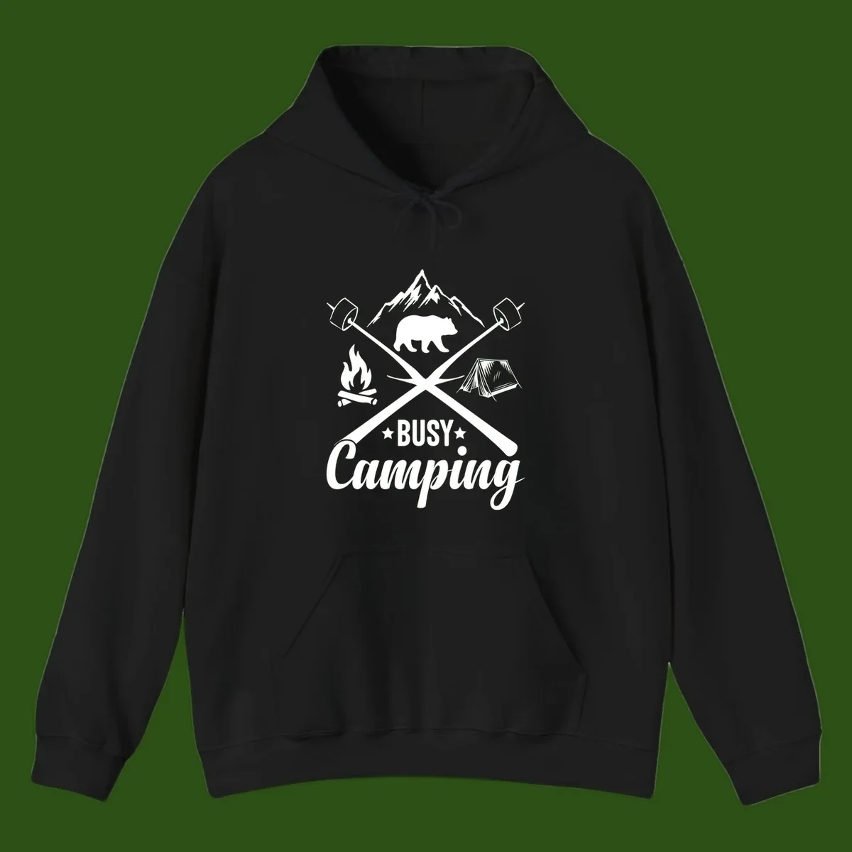 Busy camping badge design with bear, mountains, crossed axes, campfire, and tent on gray background