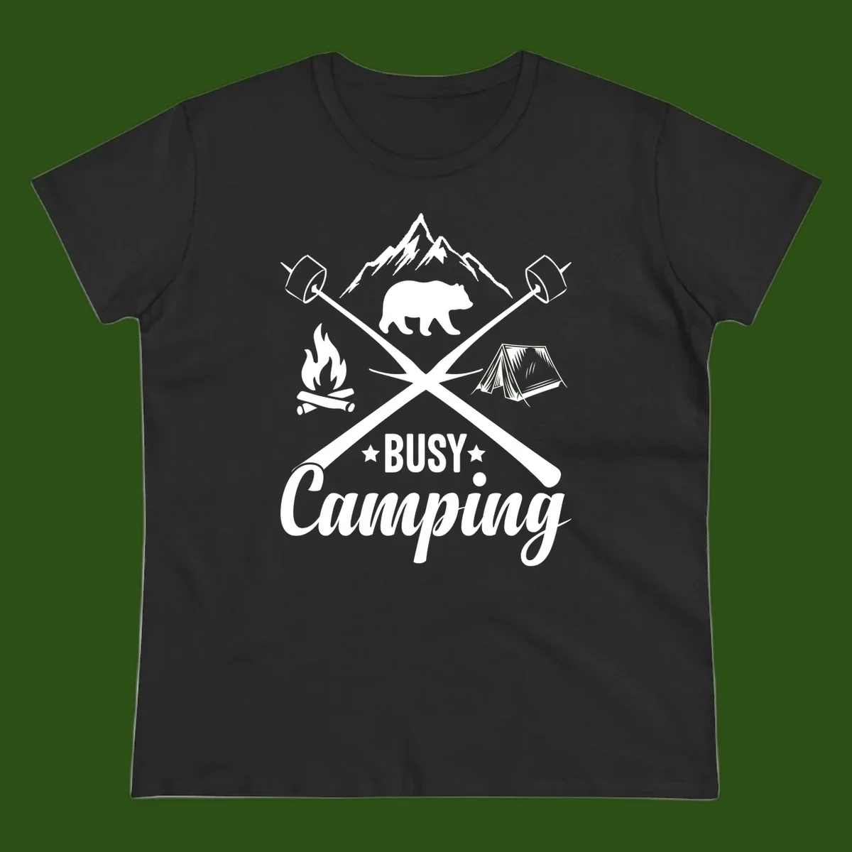 Busy camping badge design with bear, mountains, crossed axes, campfire, and tent on gray background