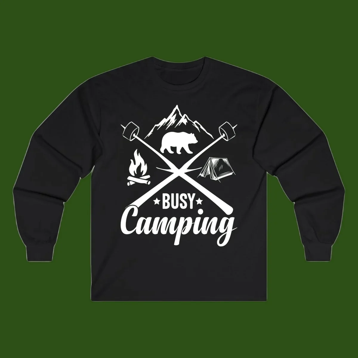 Busy camping badge design with bear, mountains, crossed axes, campfire, and tent on gray background