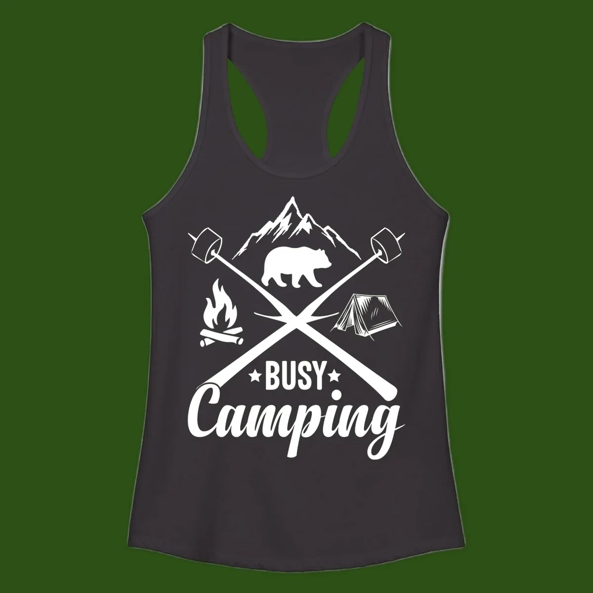 Busy camping badge design with bear, mountains, crossed axes, campfire, and tent on gray background