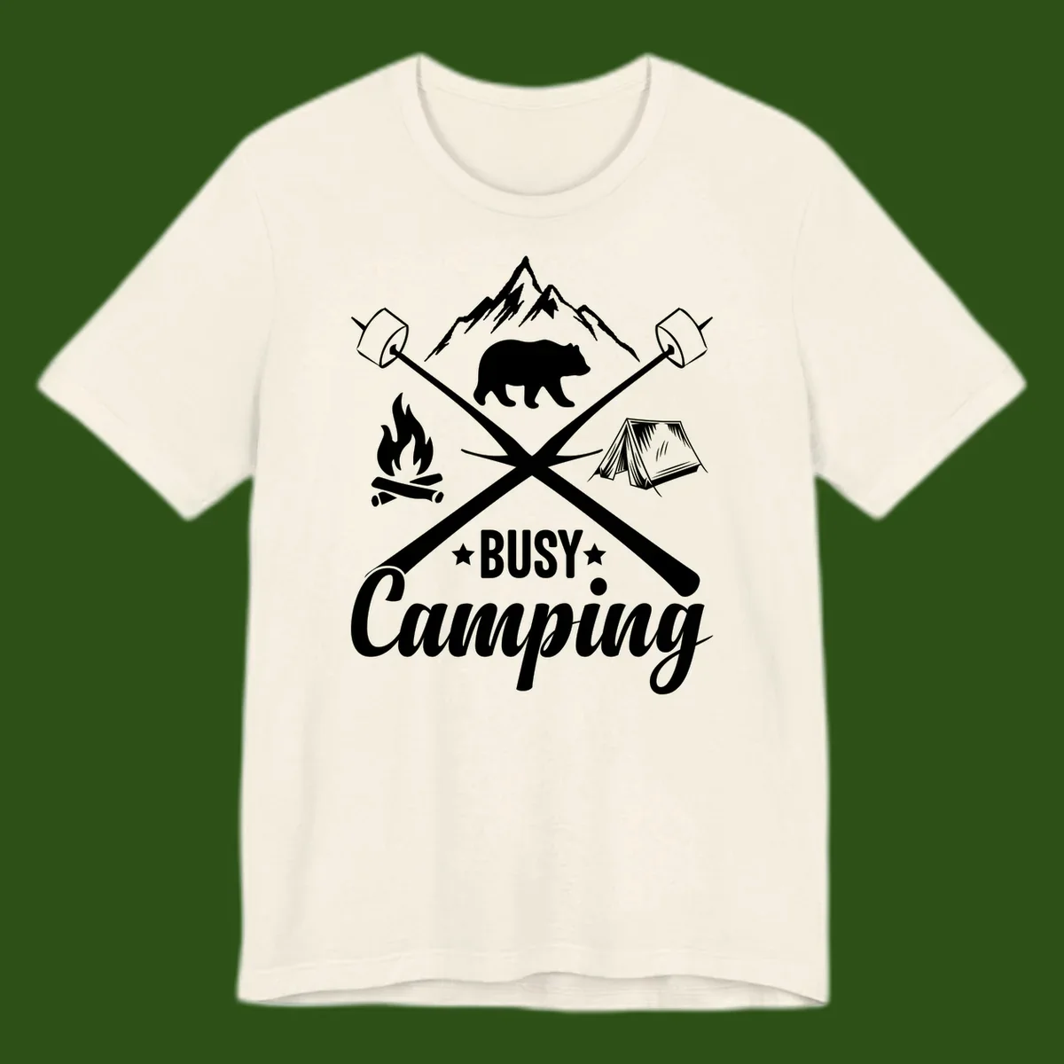 Busy camping badge design with bear, mountains, crossed axes, campfire, and tent on gray background