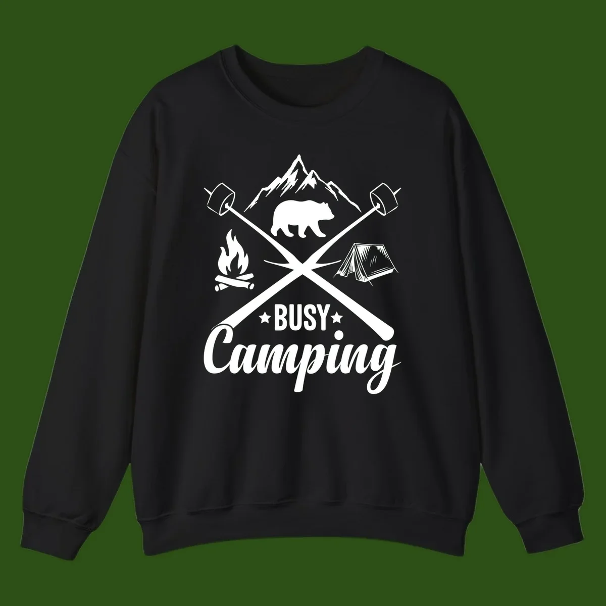 Busy camping badge design with bear, mountains, crossed axes, campfire, and tent on gray background