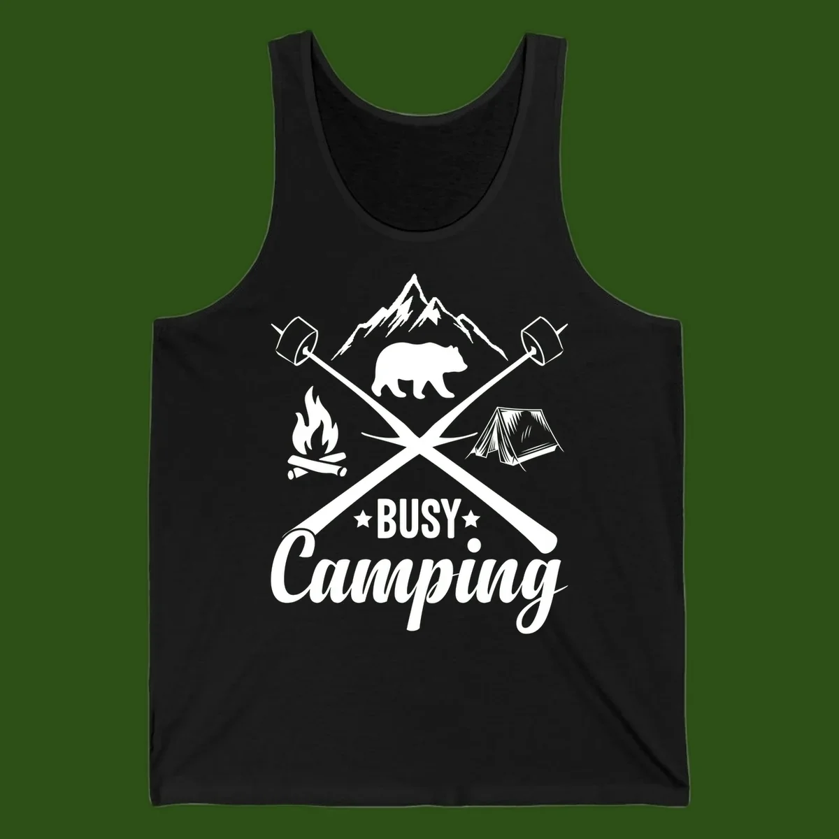 Busy camping badge design with bear, mountains, crossed axes, campfire, and tent on gray background